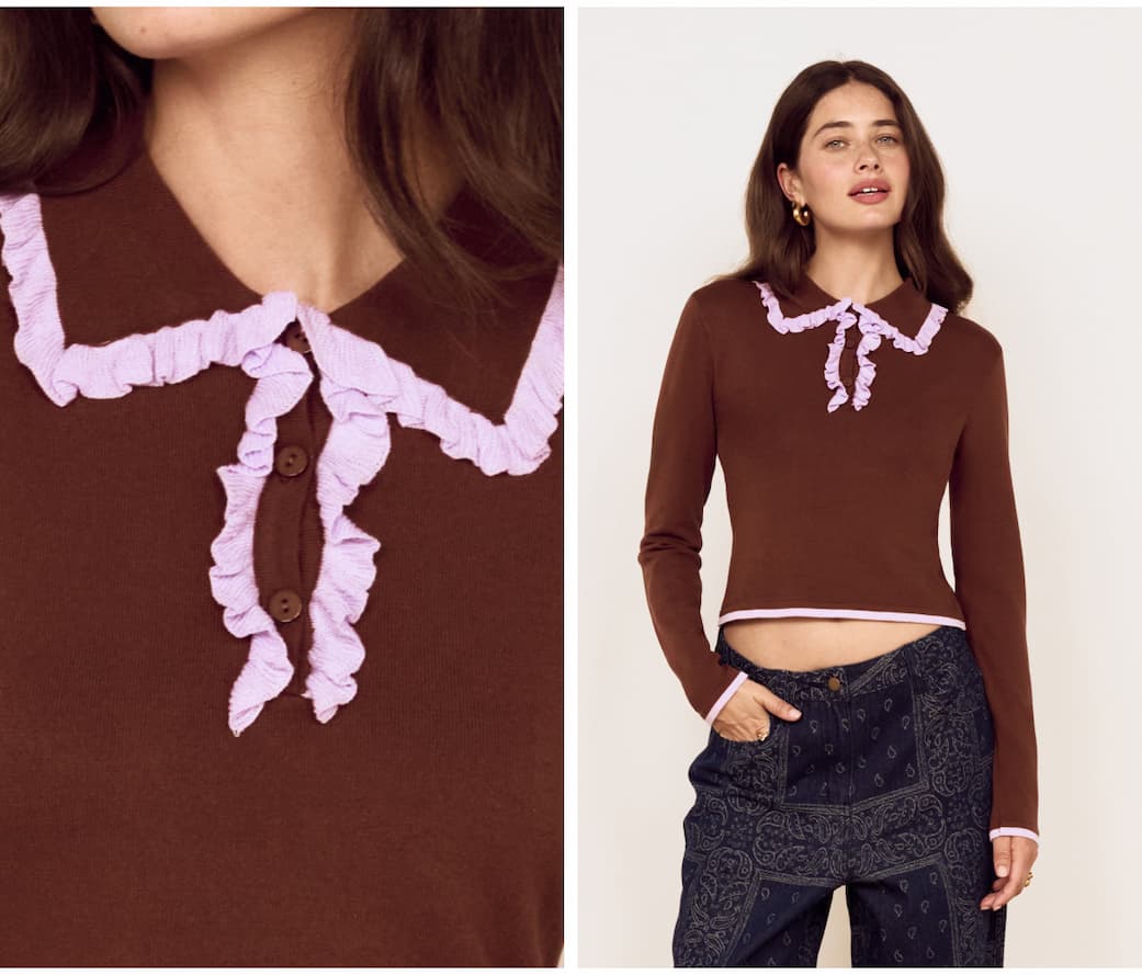 Chocolate Ruffle Collar Polo Knit Top
