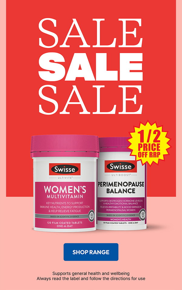 Swisse women's health range 1/2 price off RRP at Chemist Warehouse sale ends 19 August 2026