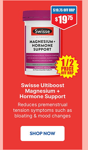 Swisse Ultiboost Magnesium + Hormone Support 60 Tablets 1/2 price off RRP at Chemist Warehouse sale ends 19 August 2026