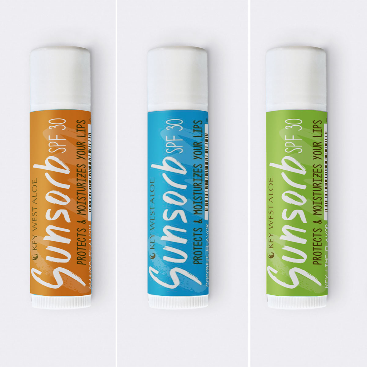 Mango, Coconut, and Key Lime Sunsorb Lip Balms