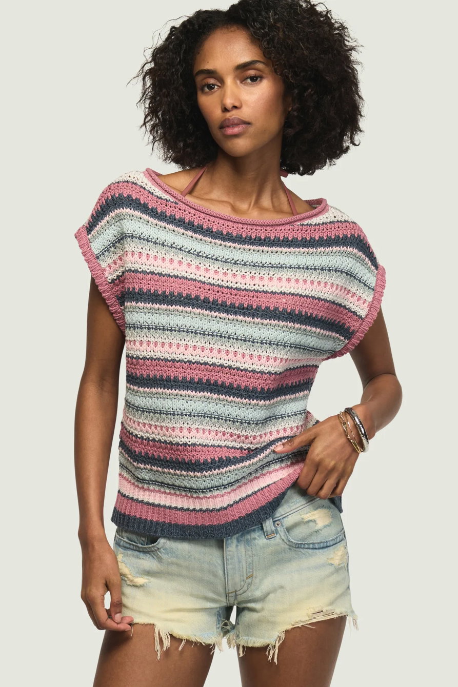 Image of Lucky Brand Striped Boho Sweater Vest - Women's Clothing Tops Sweaters in Nostalgia Rose