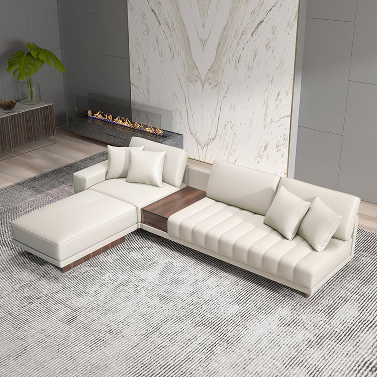 Vewal 126" L-Shaped Performance Leather Modular Sectional Sofa with Chaise & Ottoman