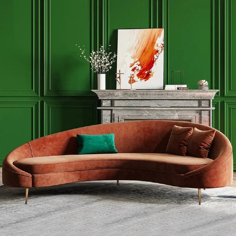 83" Velvet Curved Sofa with Gold Legs & Pillows