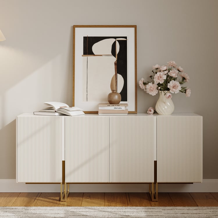Grovyn 63" Ivory Glossy Sintered Stone Sideboard with Fluted & Adjustable Shelves