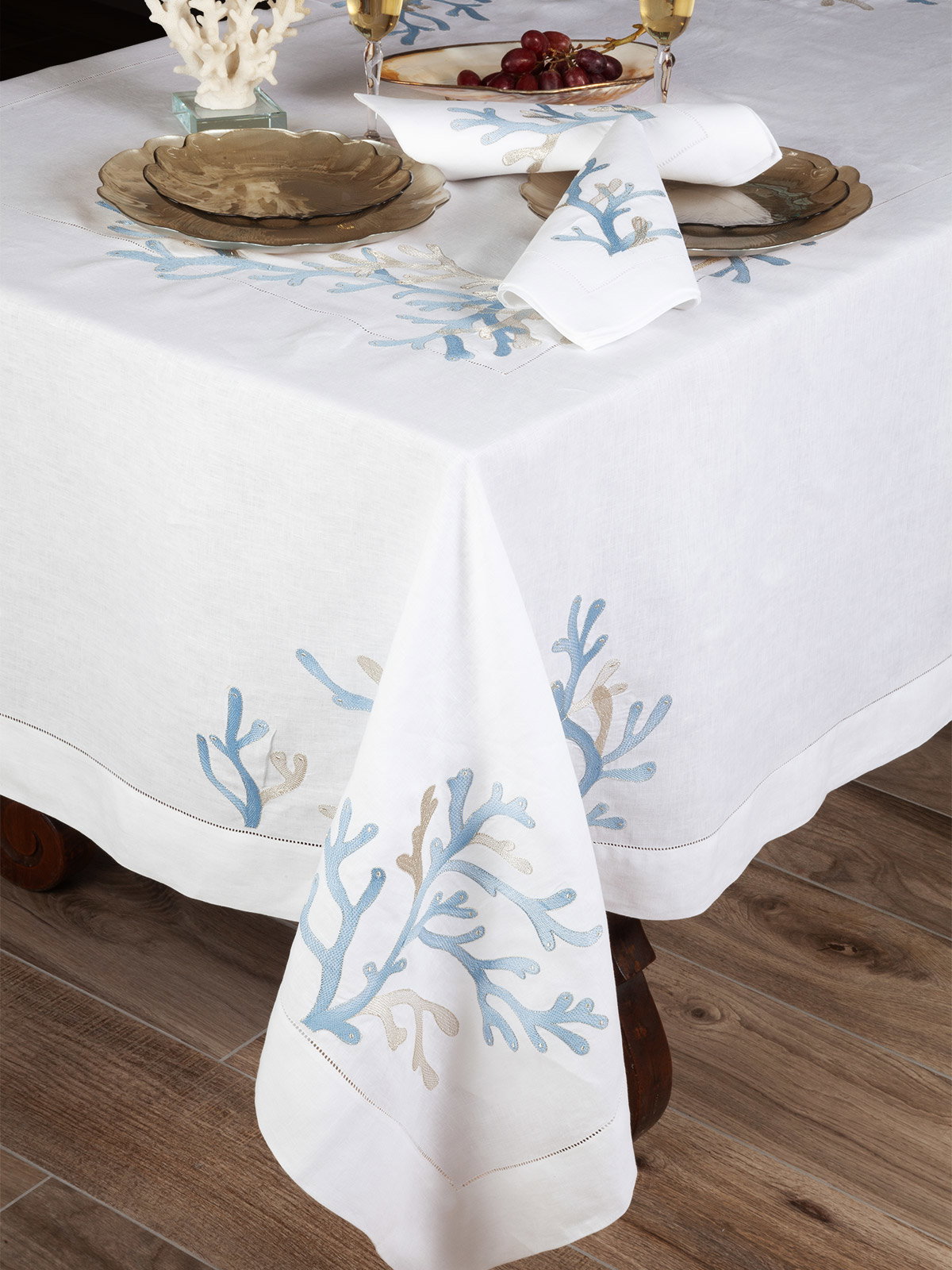 Coral Bliss: This sparkling coral embroidery is bathed in cool, calming Blues and metallic Gilver. 100% linen