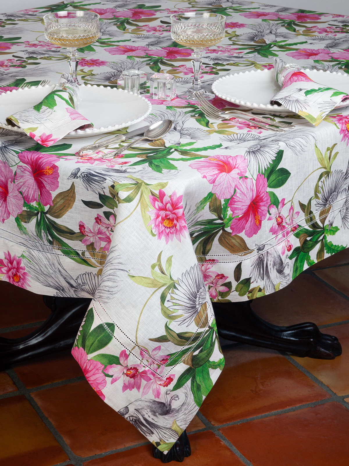 Paradise Island: Majestical white birds gather gracefully among flourishing blossoms on pristine printed 100% pure linen.