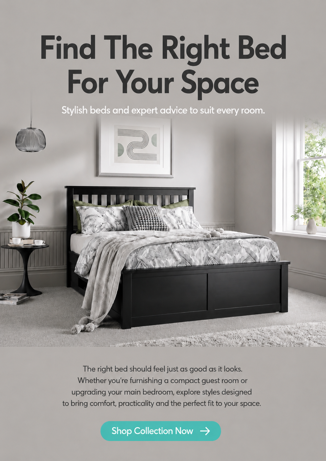 A black wooden bed with a grey duvet and grey & green pillows.