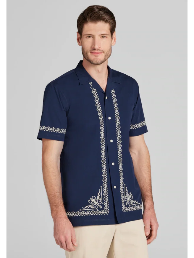 Jos. A. Bank Tailored Fit Border Embroidered Short Sleeve Button Up Shirt
