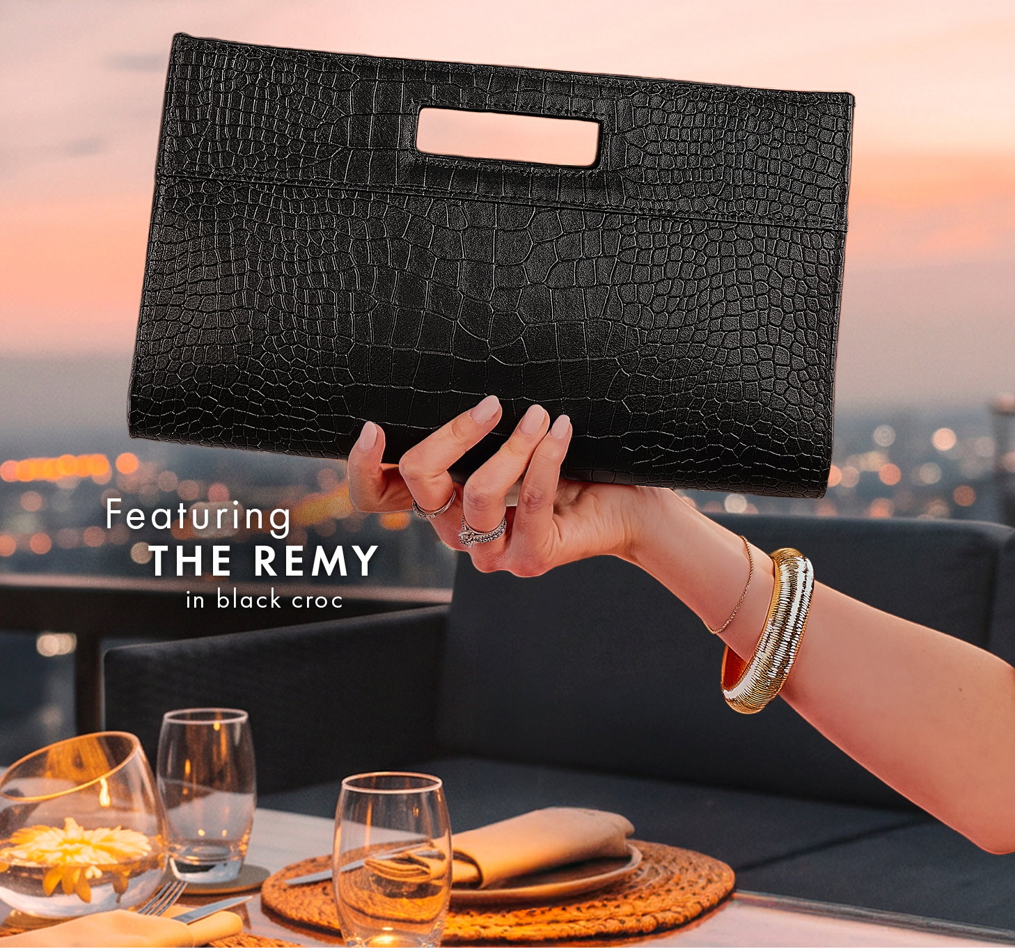 The Remy in Black Embossed Croc leather.