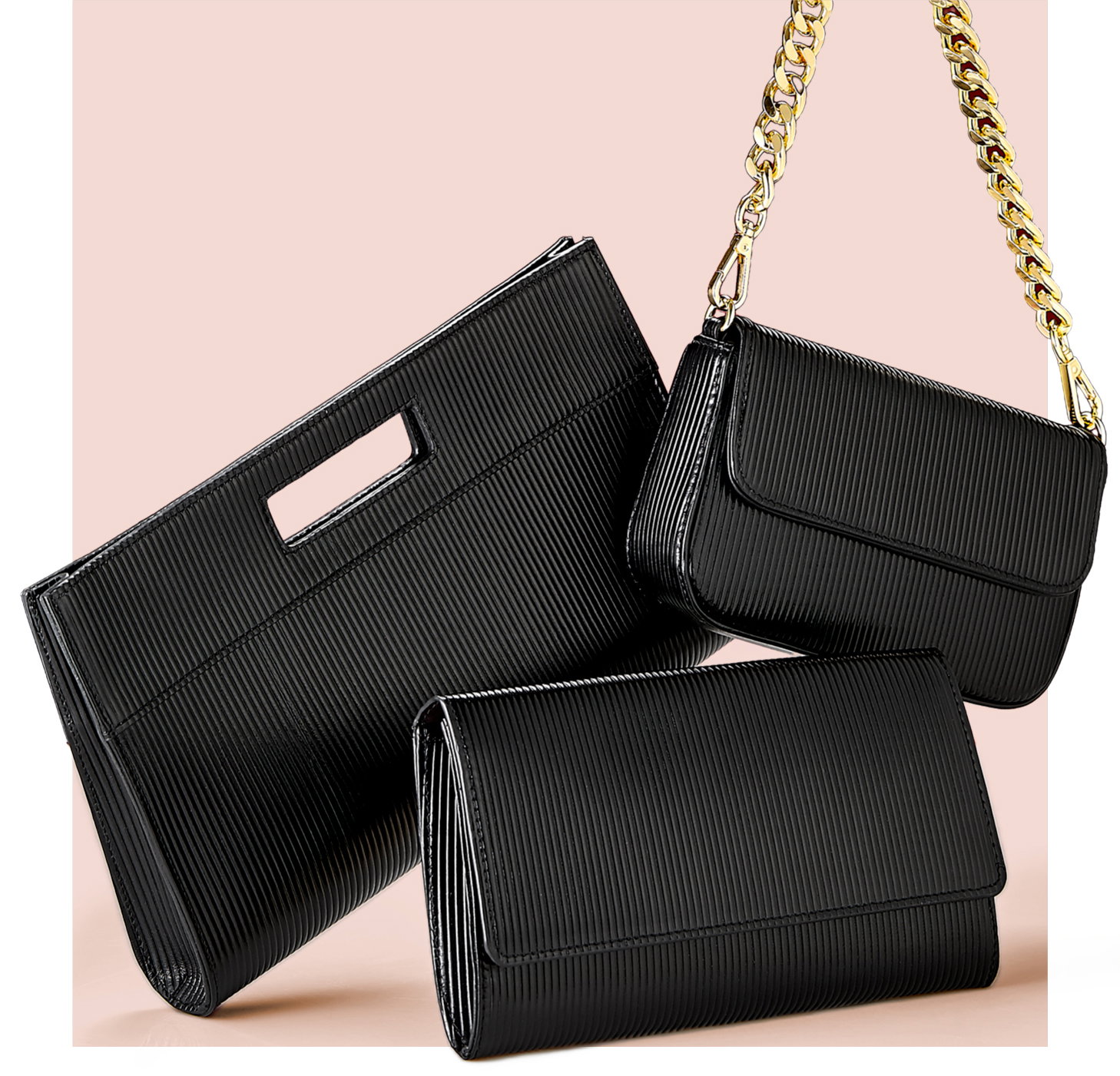 The Remy, Twiggy, and Bianca in Black Embossed Stripe leather.