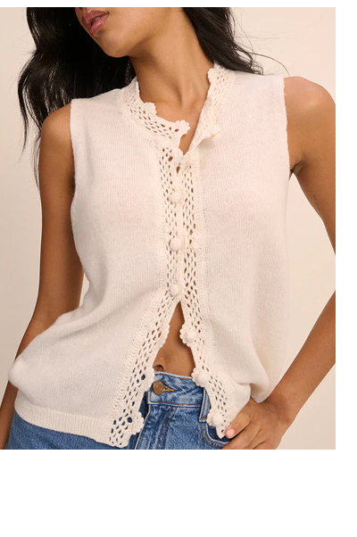 Cream Wool-Blend Crochet Trim Vest