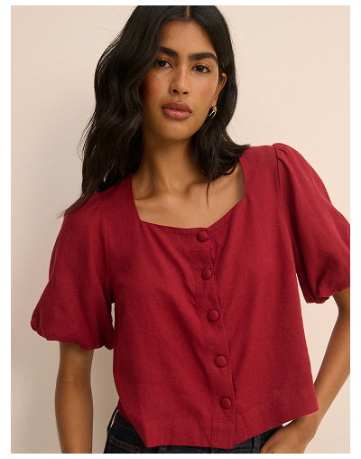 Red Linen-Blend Puff Sleeve Sammie Top