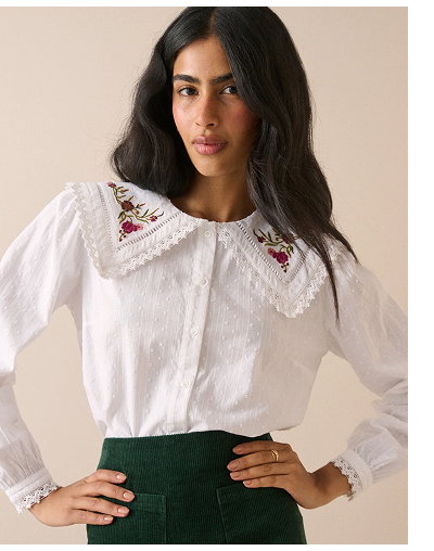 White Embroidered Oversized Collar Blouse