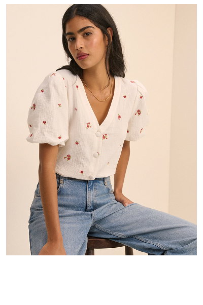 Cream and Red Floral Puff Sleeve Top