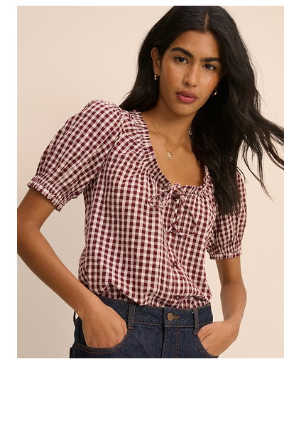 Burgundy Gingham Puff Sleeve Lumi Blouse
