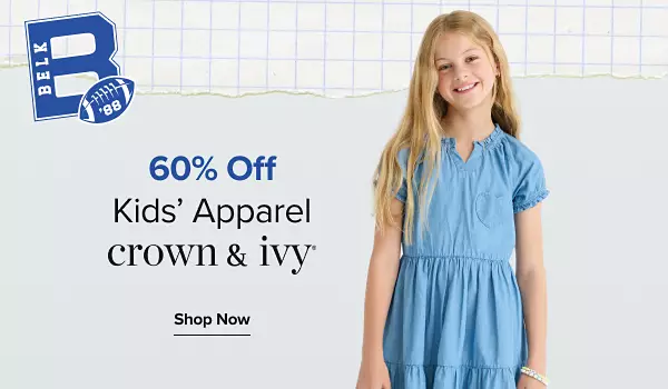 Image of a boy in a solid t-shirt and pants. 50% off kids' apparel. Crown & Ivy™ logo. Shop now.