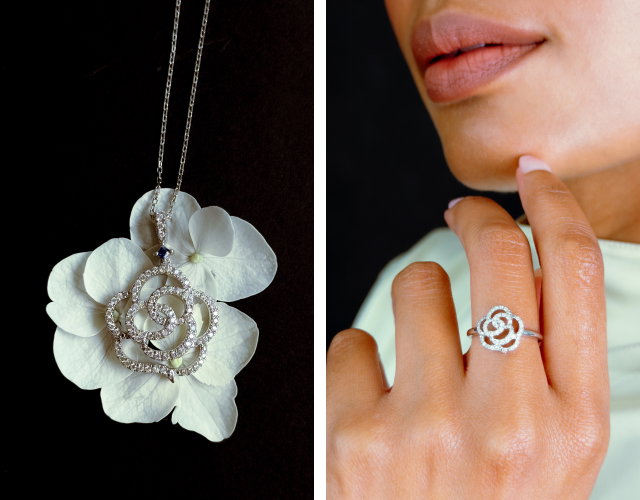 Vera Wang Sterling Silver 0.15ct Diamond Rose Ring and Necklace