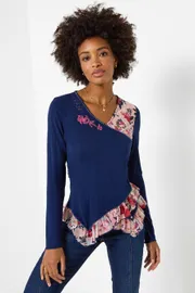 V Neck Jersey Top With Floral Printed Trim
