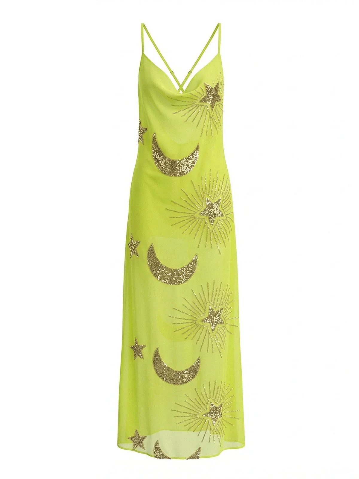 Green Yellow 1970s Sheer Celestial Embroidered Sequin Maxi Cover-Up Dress