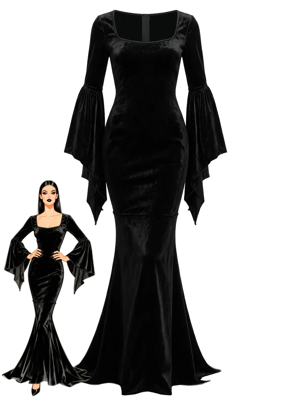 Black 1930s Wednesday Morticia-Inspired Velvet Bell Sleeves Mermaid Dress