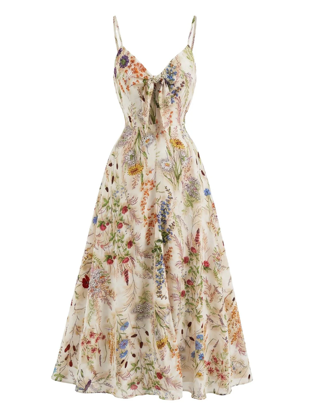 Multicolor 1930s Floral V-Neck Bohemian Slip Dress
