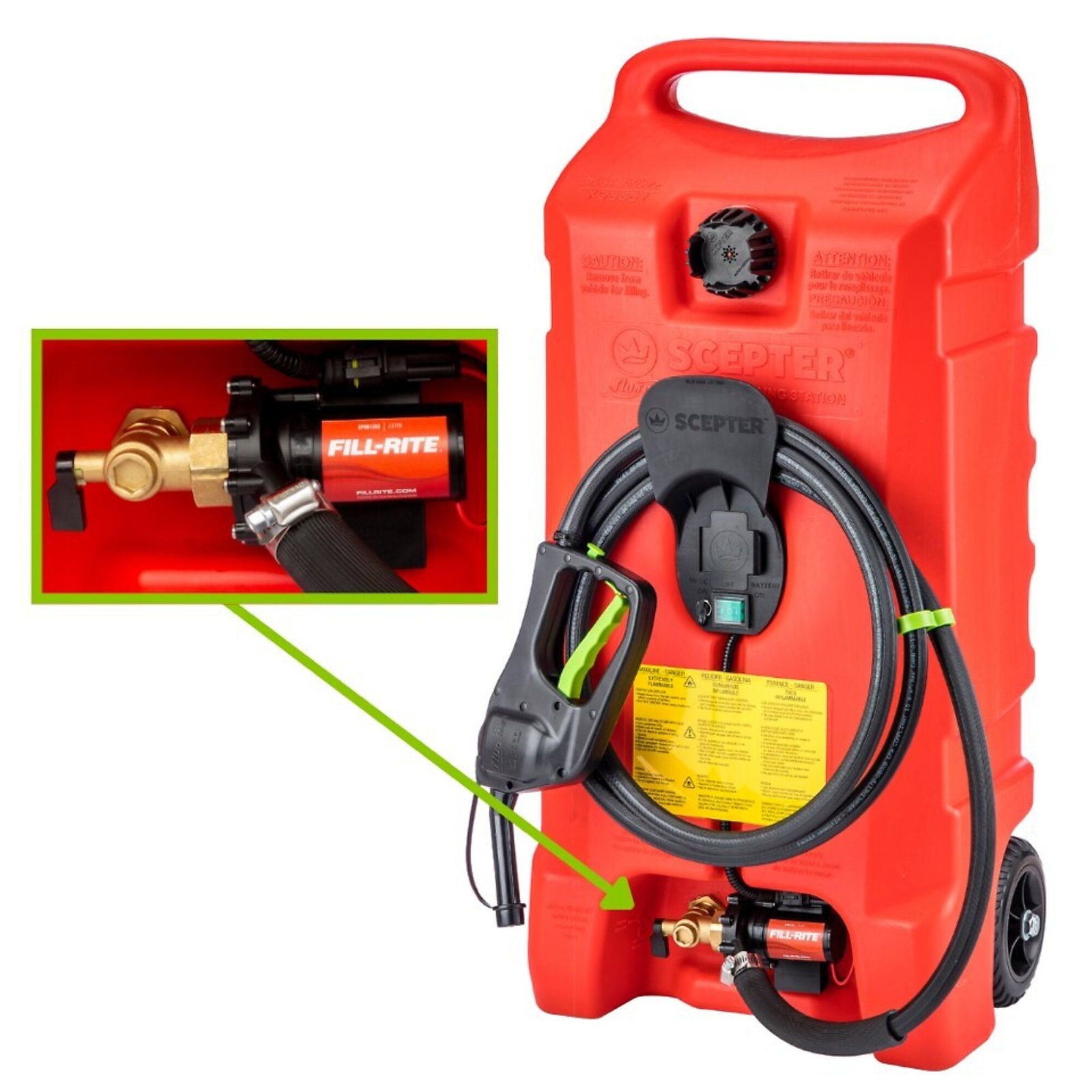 Flo n' Go Duramax Scepter, 14-Gal Powered Gas Caddy with 6 GPM Fill-Rite Fuel Pump, Model# PFSG1411