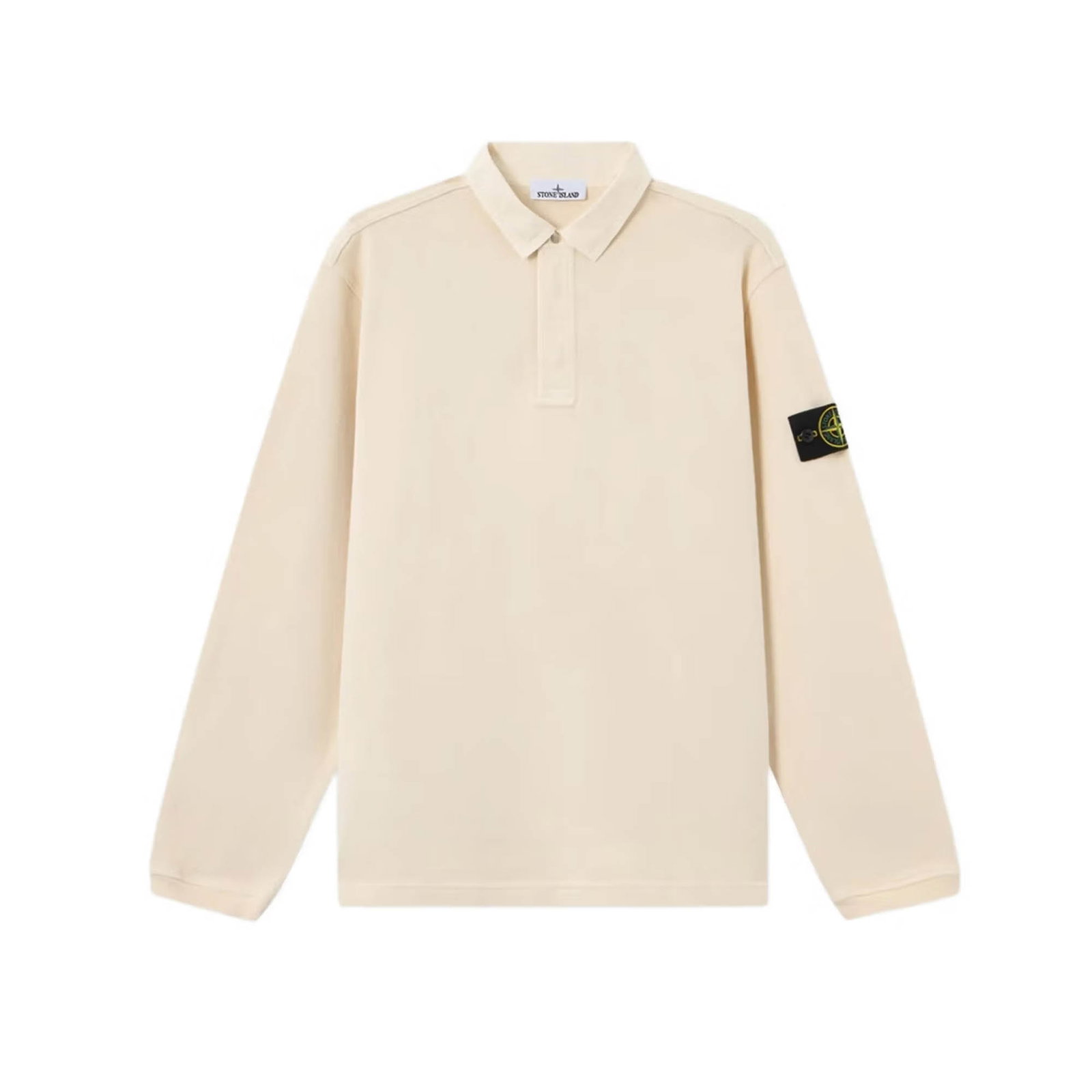 Stone Island long-sleeved cream polo shirt with classic collar and signature black compass patch on left sleeve