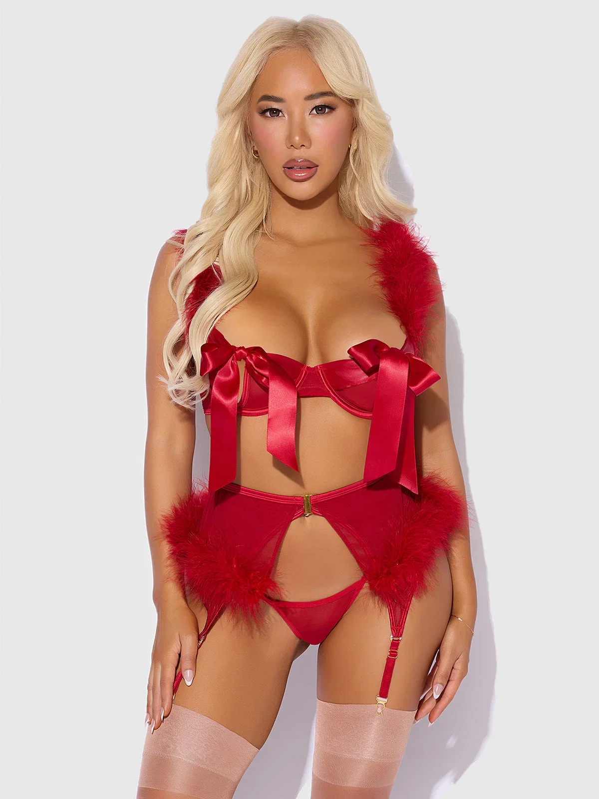 Image of Scarlett Open Cup Marabou Bra, Garter & G-String Set