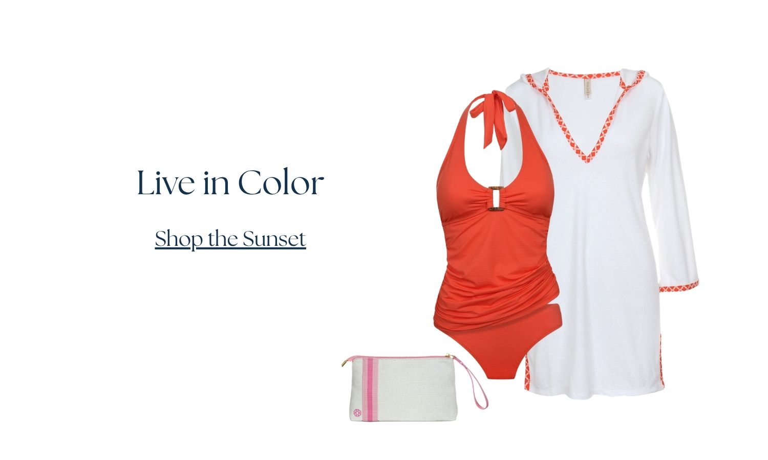 Live in Color - Shop the Sunset, Mara Tortoise Tankini in Tropical Coral with the Essential Bottoms, Harbour Island coral print trimmed hooded terry cover, pink trim canvas clutch