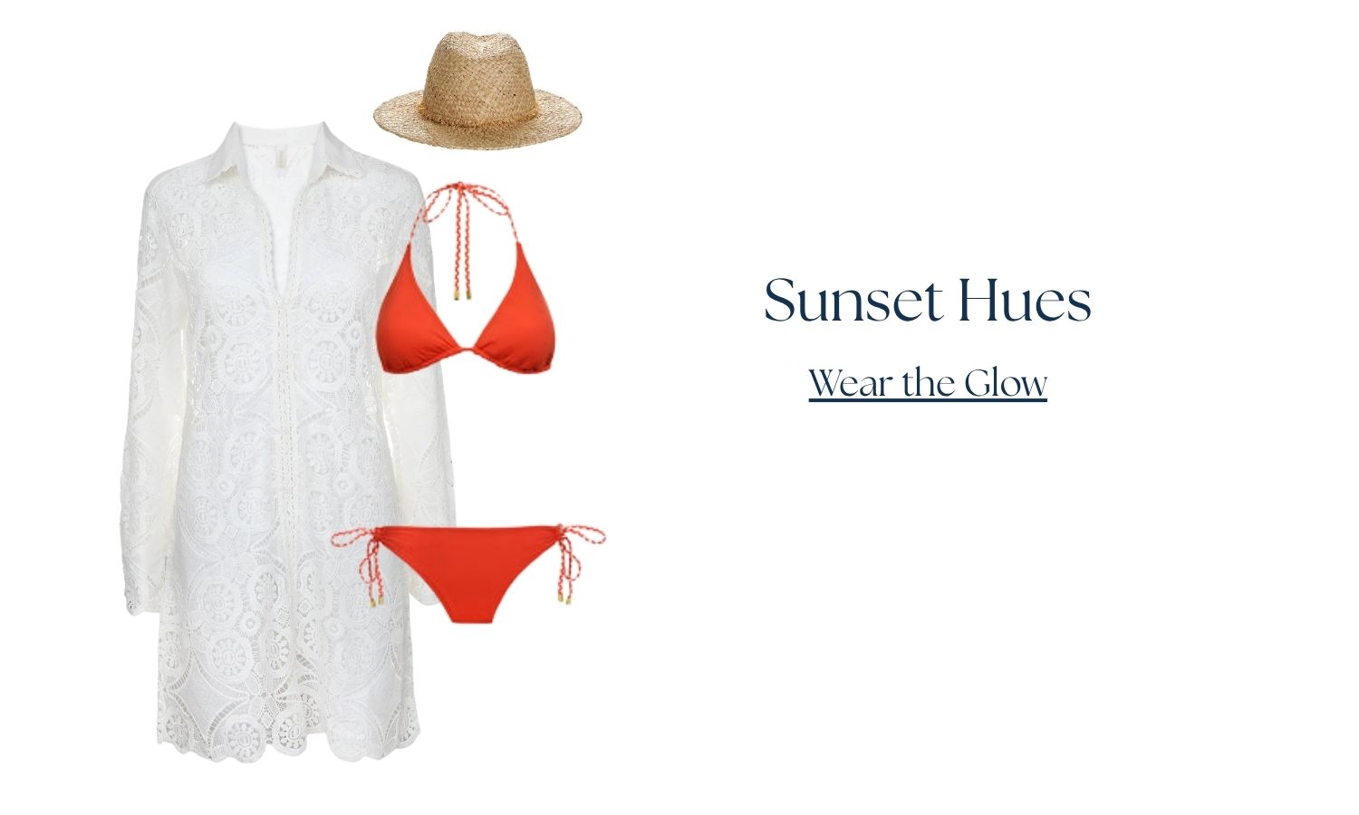 Sunset Hues, Wear the Glow, lace buttoned dress tropical coral braided bikini and Raffia Fedora