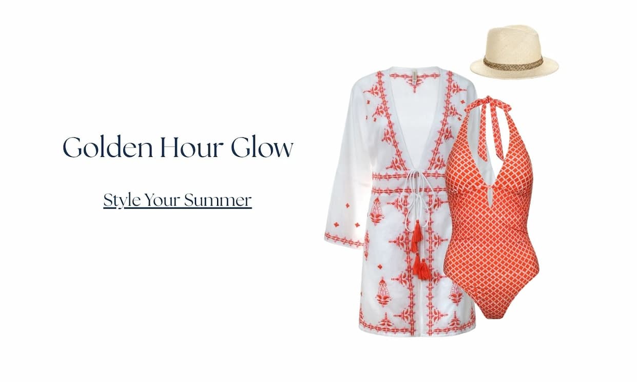 Golden Hour Glow - Style your Summer, Coral/Pink Nola Tunic, Harbour Island coral printed keyhole one-piece, soft brim fedora