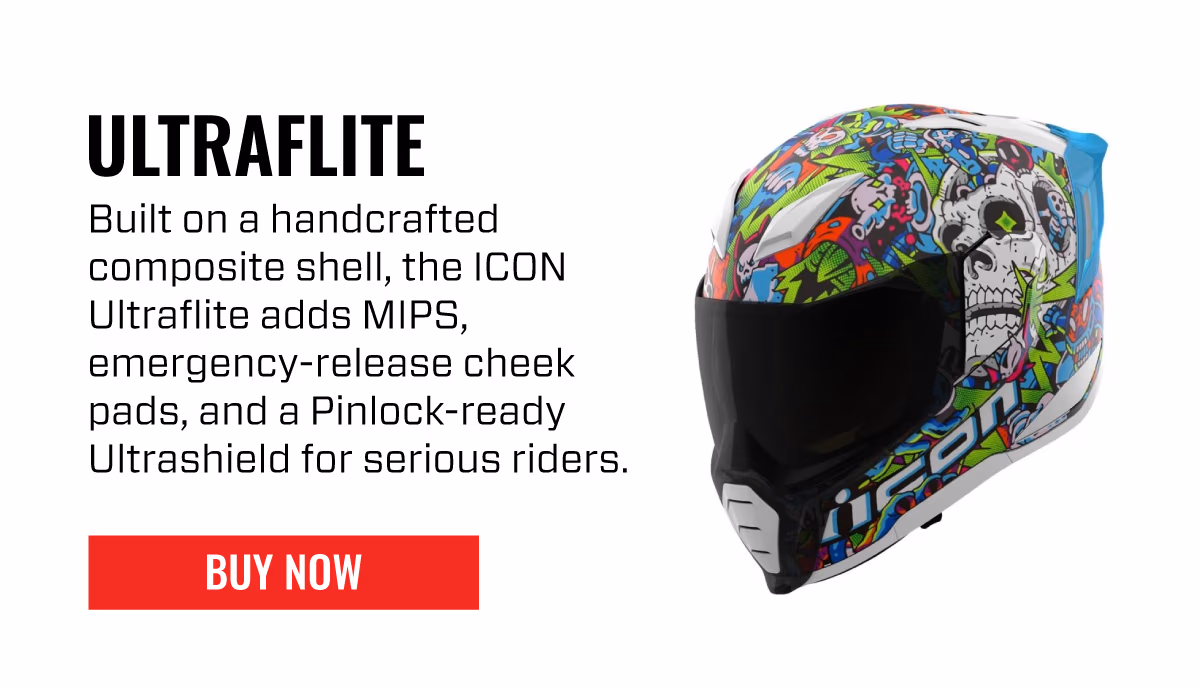 ULTRAFLITE | Built on a handcrafted composite shell, the ICON Ultraflite adds MIPS, emergency-release cheek pads, and a Pinlock-ready Ultrashield for serious riders. | BUY NOW