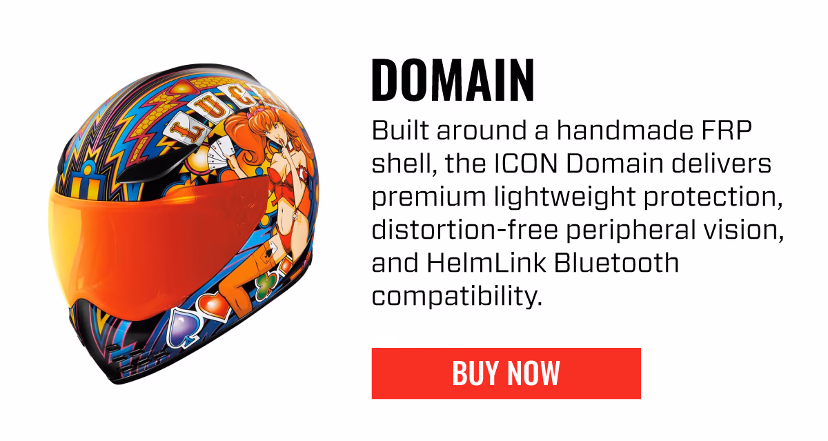 DOMAIN | Built around a handmade FRP shell, the ICON Domain delivers premium lightweight protection, distortion-free peripheral vision, and HelmLink Bluetooth compatibility. | BUY NOW