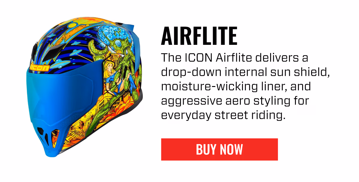 AIRFLITE | The ICON Airflite delivers a drop-down internal sun shield, moisture-wicking liner, and aggressive aero styling for everyday street riding. | BUY NOW