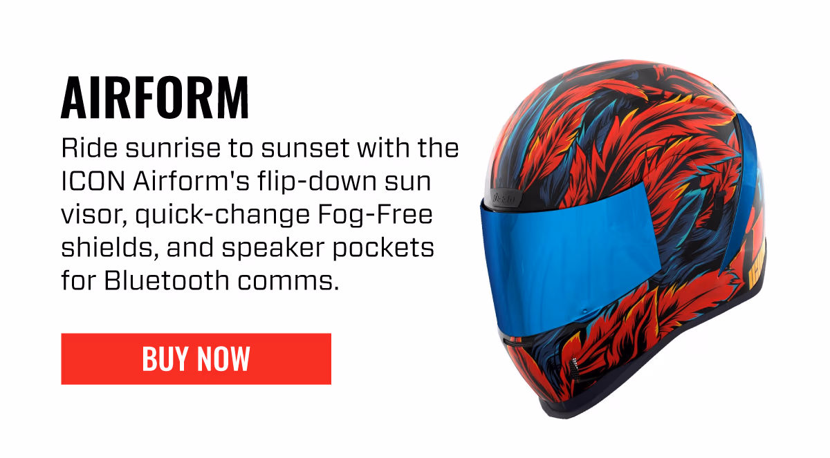 AIRFORM | Ride sunrise to sunset with the ICON Airform's flip-down internal sun visor, quick-change Fog-Free shields, and speaker pockets for Bluetooth comms. | BUY NOW