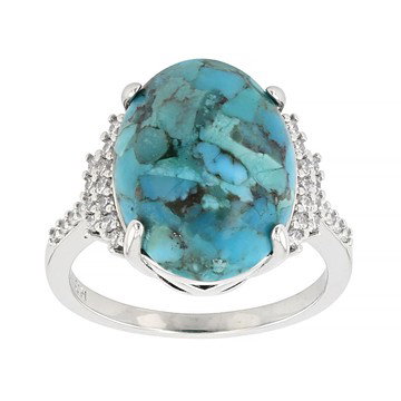 Composite Turquoise and White Cubic Zirconia Rhodium Plated Ring 0.39ctw