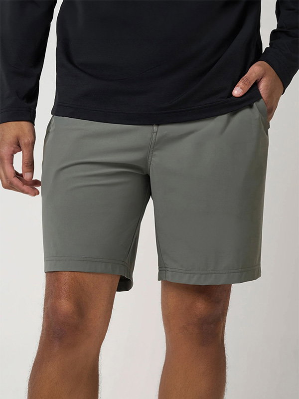 Side-entry zipper pockets for secure storage. 8" inseam. 4-way stretch hero hour performance fabric.