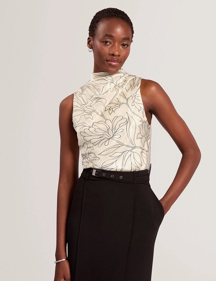 Satin Floral Burnout Cowl Neck Top