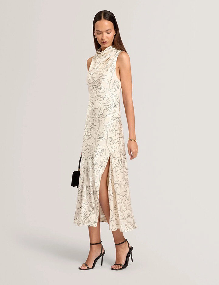 Floral Satin Cowl Neck Midi Dress