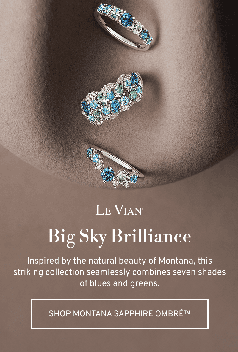 Three blue Le Vian rings on a cowboy hat. Inspired by the natural beauty of Montana. Click to Shop Montana Sapphire Ombré Collection
