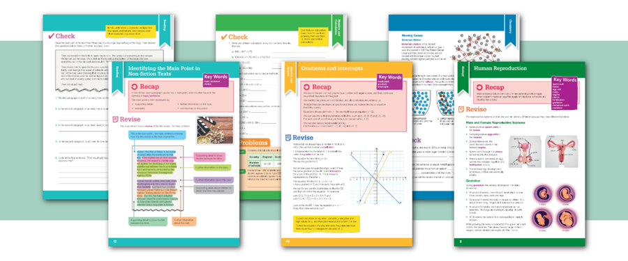 Inside pages from Revision Made Simple workbooks for English, Maths and Science