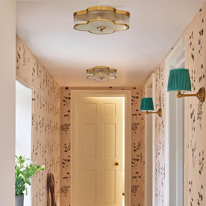 clover flush mount ceiling light in antiqued brass with glass rods