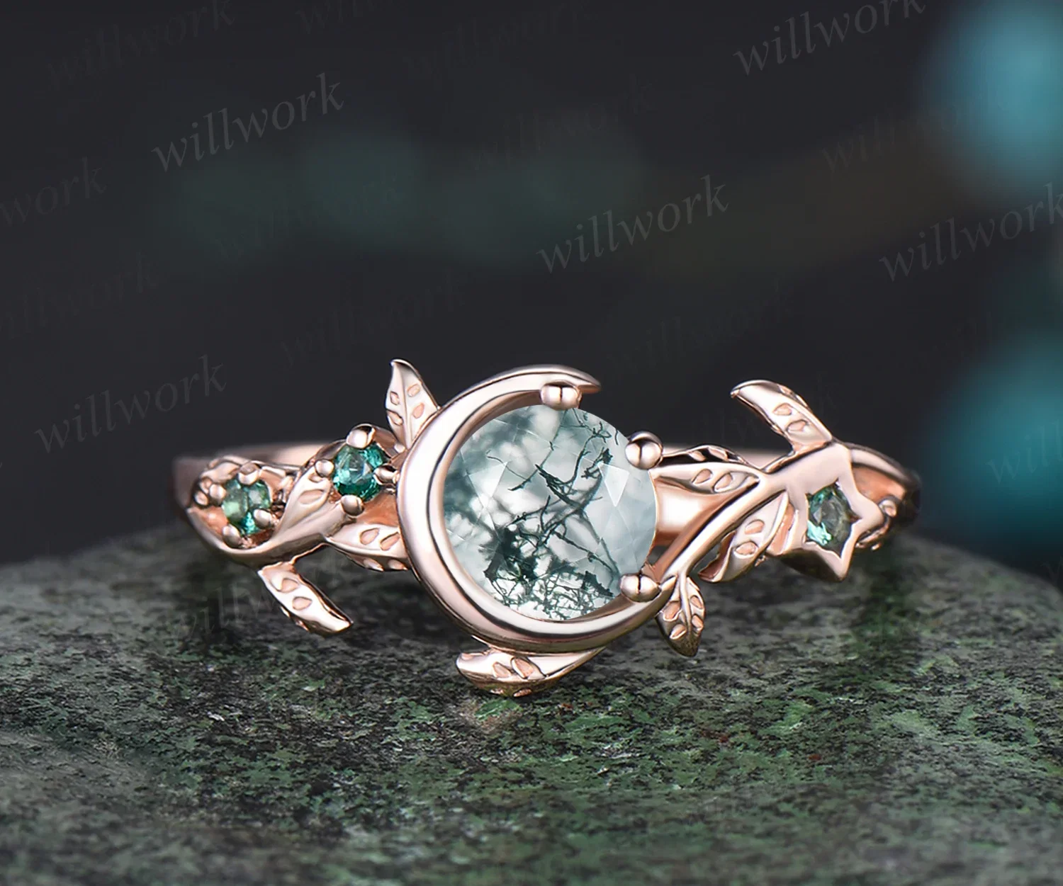 Art Deco Round Cut Natural Green Moss Agate Bridal Ring Unique Emerald Leaf Moon Star Nature Inspired Engagement Ring 14k Rose Gold Promise Gift