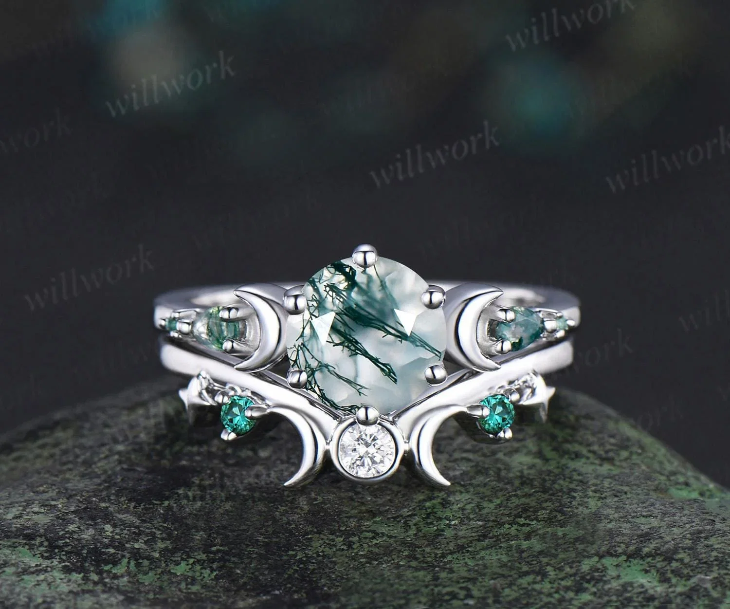 Round natural moss agate ring vintage white gold moon five stone unique engagement ring emerald bezel sun star ring jewelry