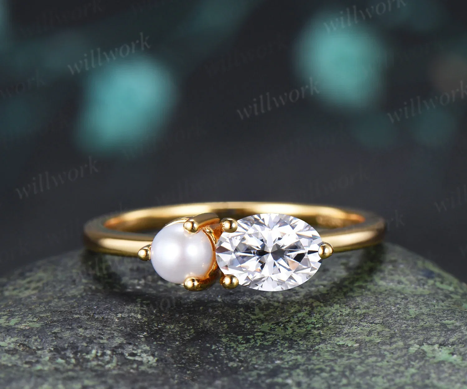 Oval Moissanite and Pearl Toi et Moi Ring Two Stone Engagement Ring Minimalist Couple Besties Jewelry