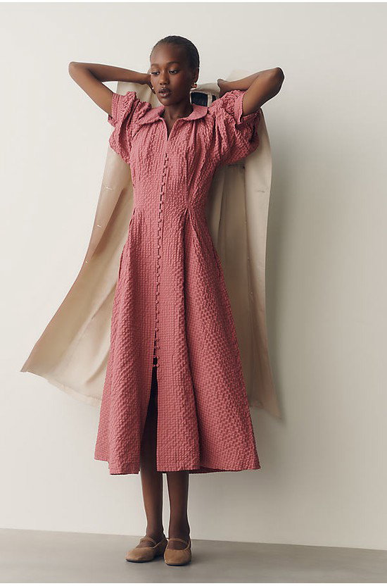 English Factory Puff-Sleeve Textured Midi Shirtdress