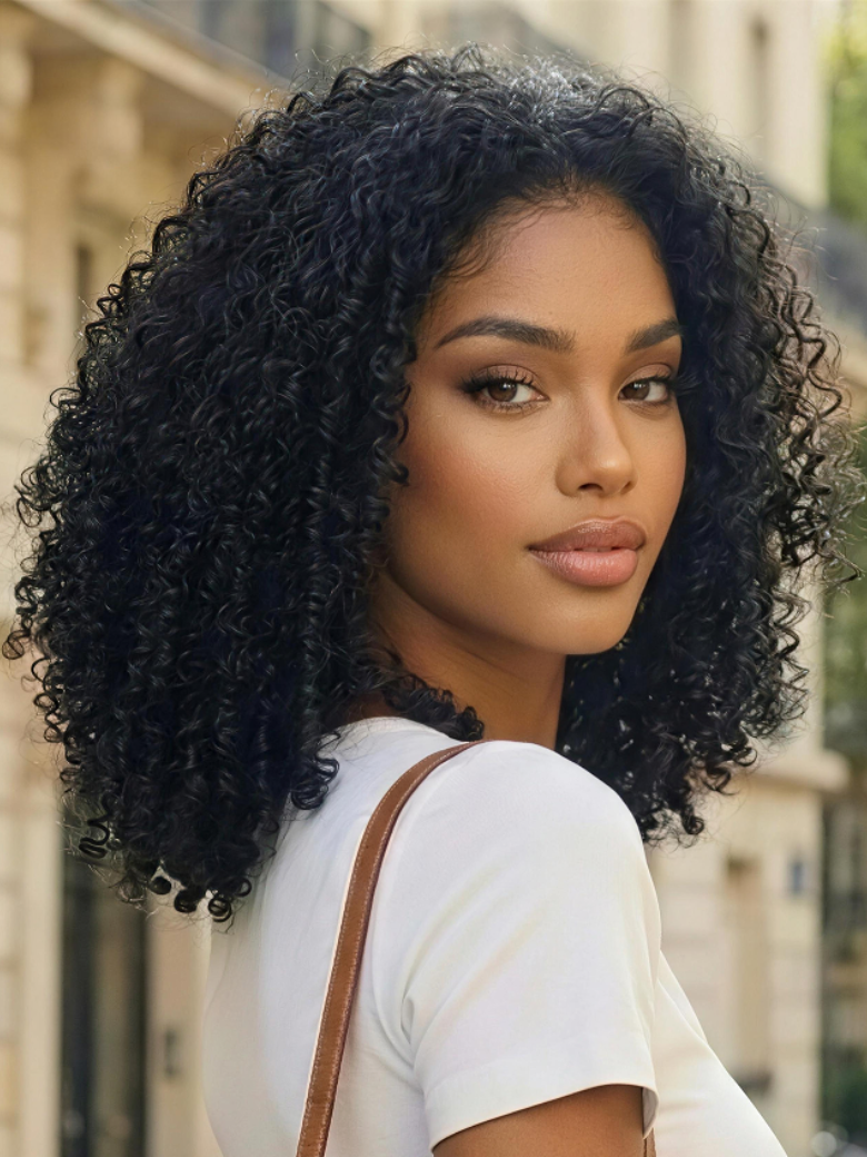 [ 18 Inch Only $59 ] UNice EasiContour™ V Part Afro Kinky Curly with Finger Coil Ends Glueless Wig 100% Human Hair
