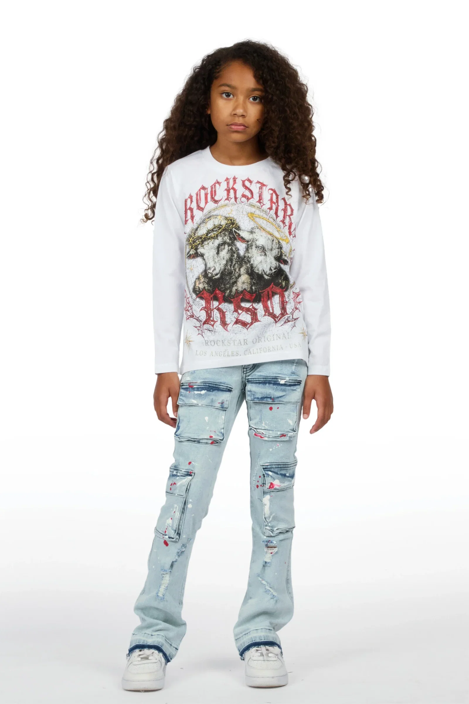 Image of Girls Dezz White/Light Wash Long Sleeve T-Shirt Stacked Painter Jean Set