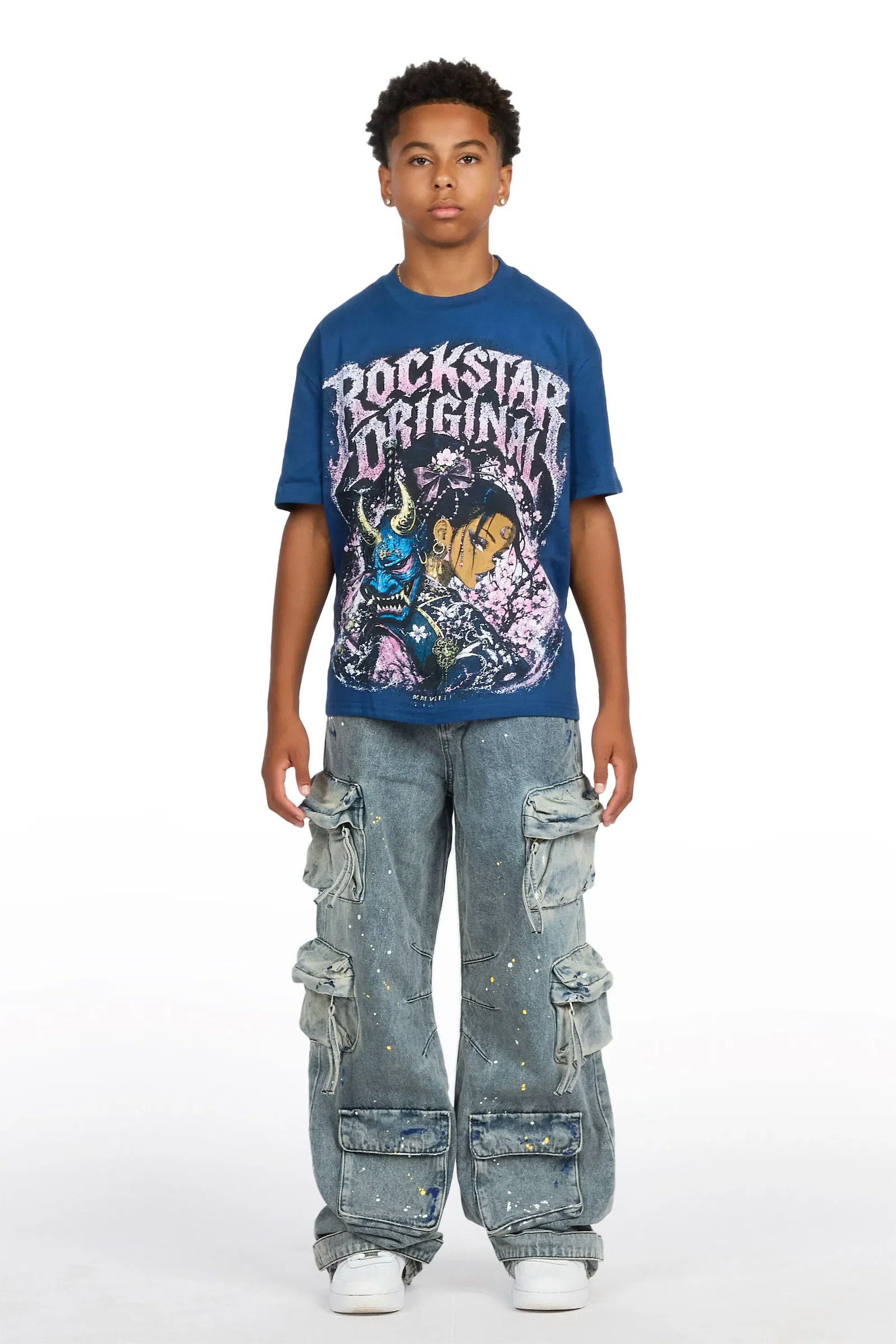 Image of Boys Kavero Navy/Blue T-Shirt Painter Baggy Jean Set