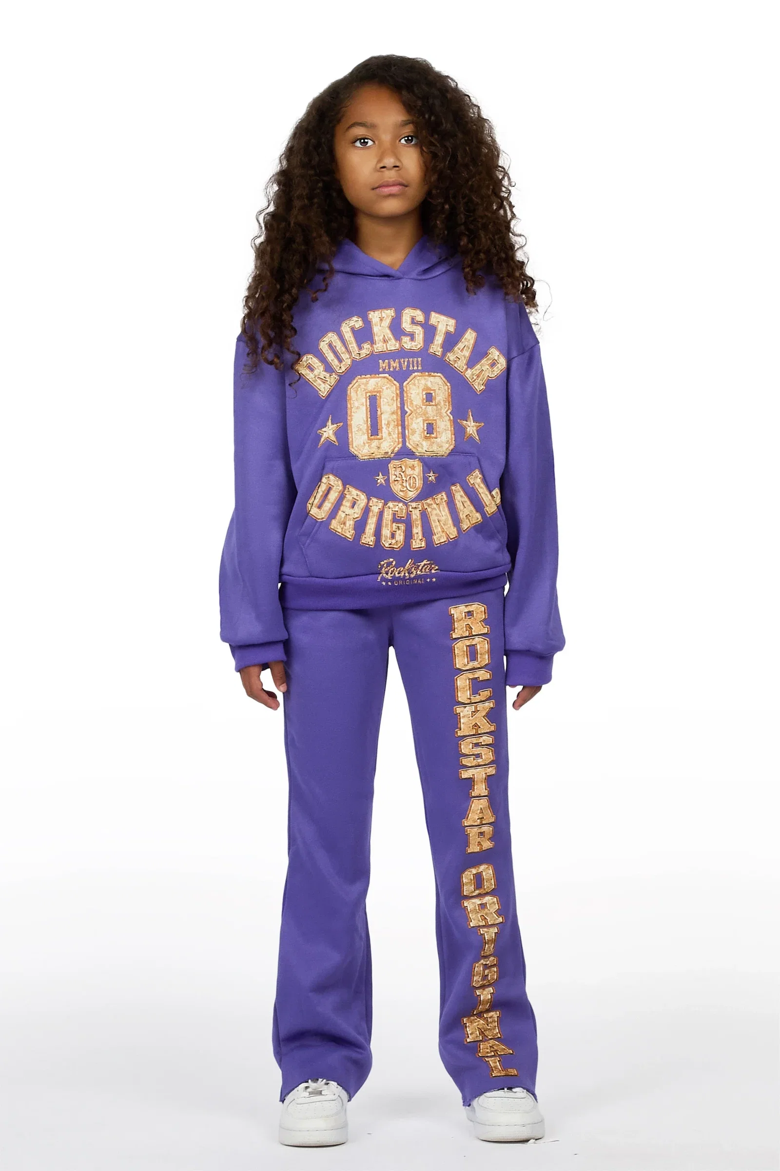 Image of Girls Atrameny Purple/Cream Stacked Hoodie Track Set